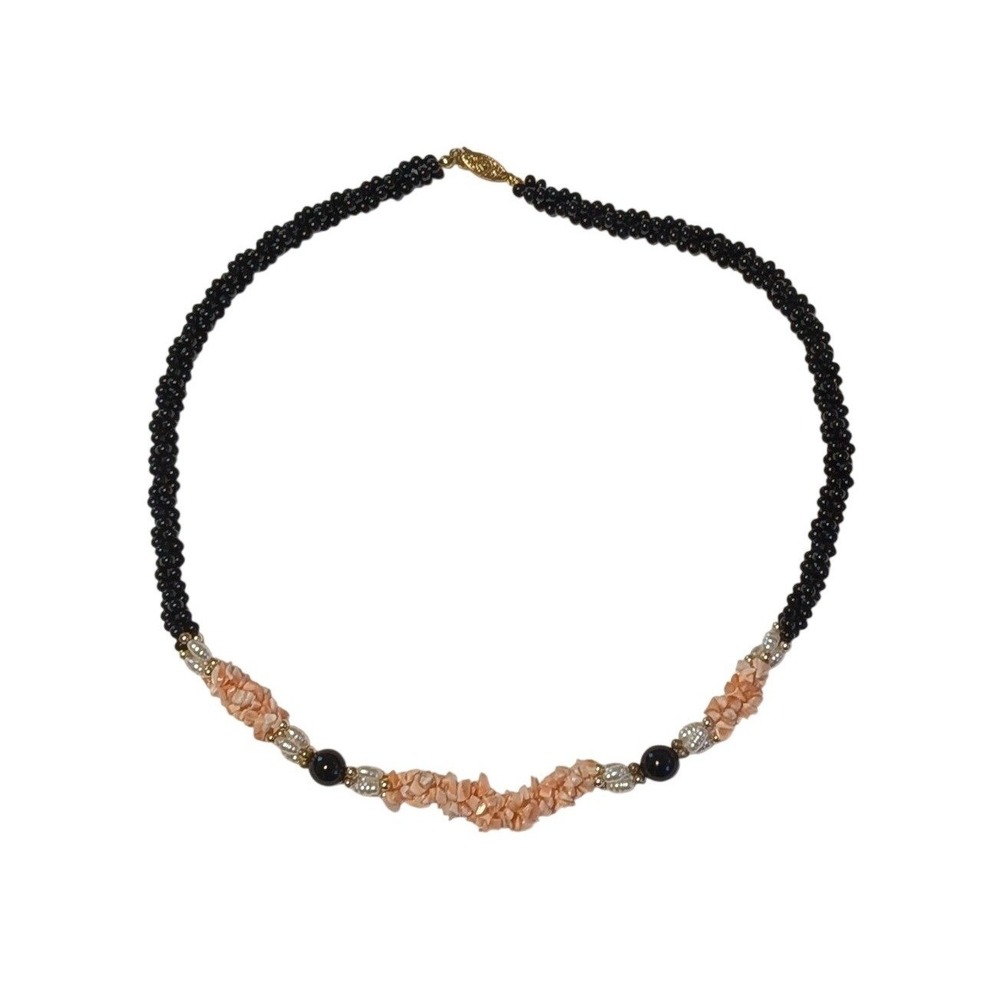 VTG Angel Skin Pink Coral Chip Freshwater Pearl Multi-Strand‎ Onyx Bead Necklace